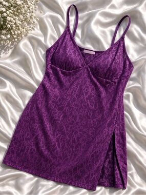 Savage X Fenty Sheer Lace Chemise Purple Logo Print Slit Nightgown Sexy Luxe